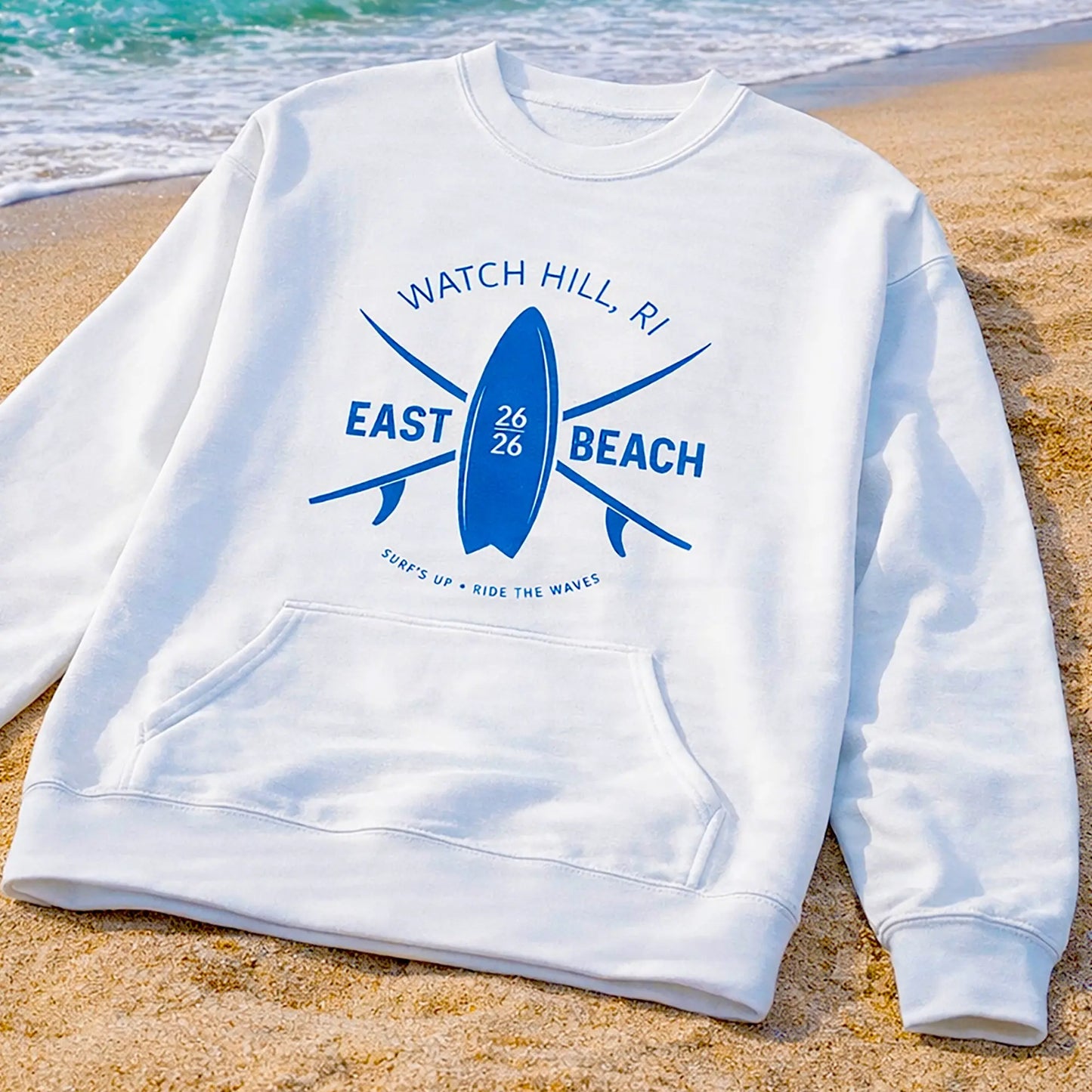 Watch Hill, RI EAST BEACH Surfer Sweatshirt — Coastal Comfort with Surf Style! SHOP Now at The Wishful Fish