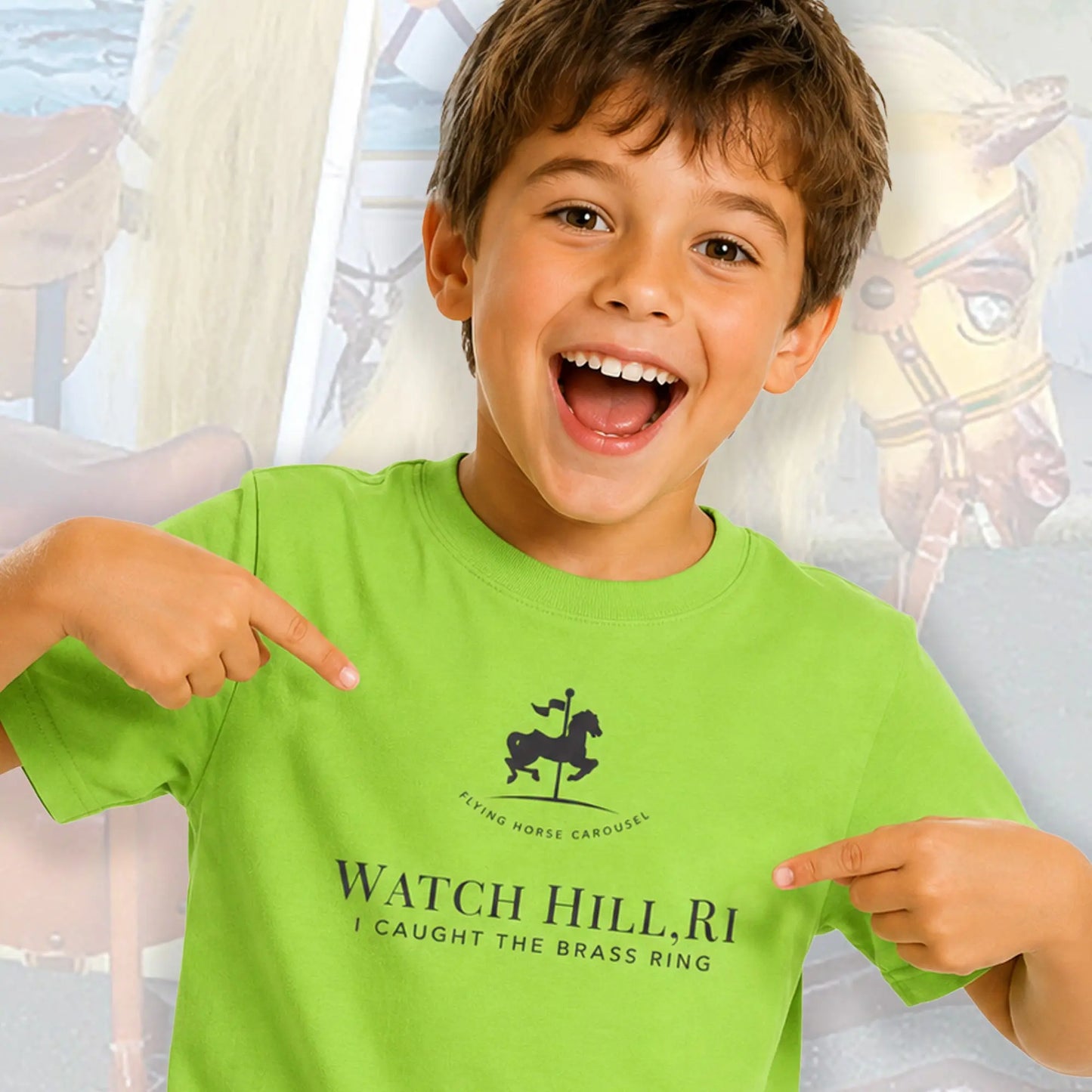 Watch Hill RI Flying Horse Carousel — I Caught The Brass Ring Youth T Shirt. SHOP Now at The Wishful Fish