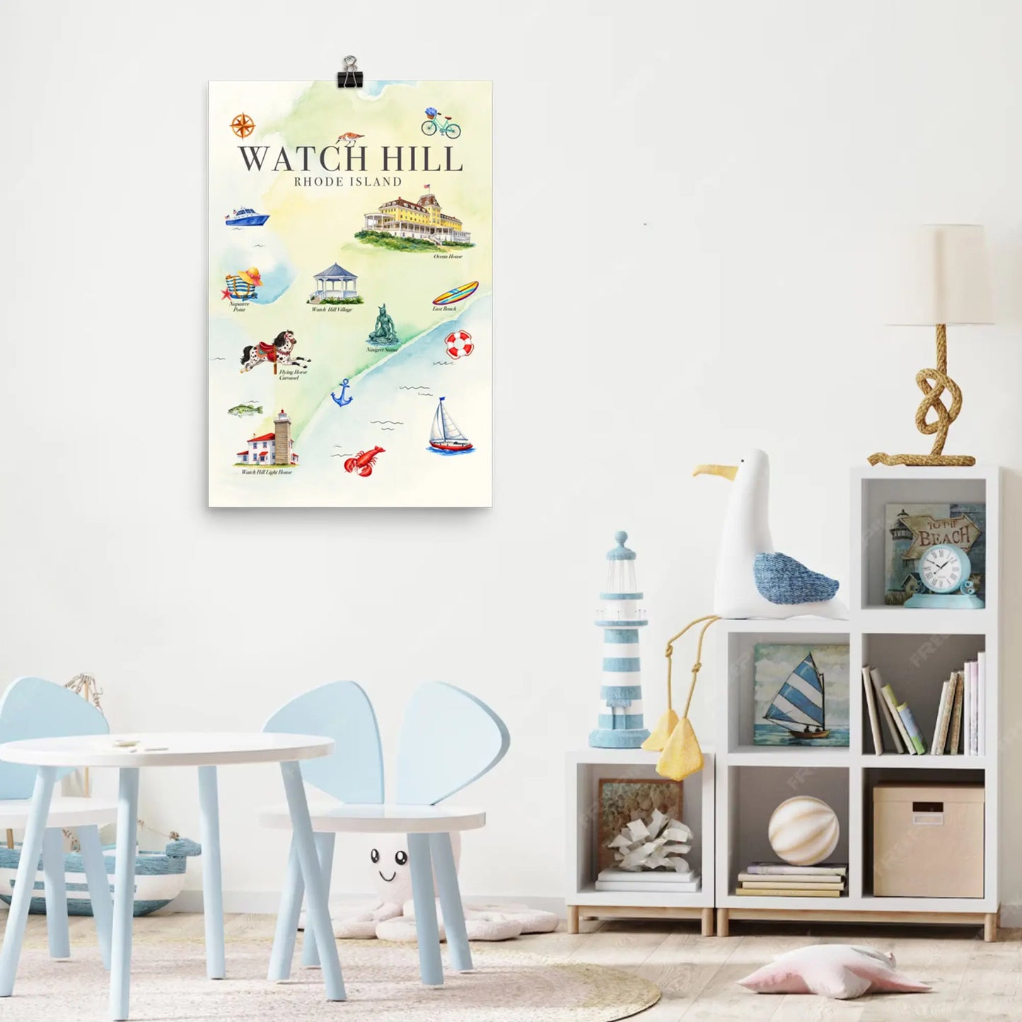 Colorful map of Watch Hill, Rhode Island, displayed in a child's room with furniture and decor. SHOP Now at The Wishful Fish