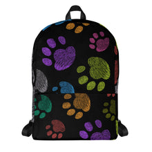 Load image into Gallery viewer, Fun Colorful Paw Prints Backpack | Front View | The Wishful Fish Shop
