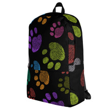 Load image into Gallery viewer, Fun Colorful Paw Prints Backpack | Side View | The Wishful Fish Shop
