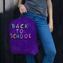 Load image into Gallery viewer, BACK TO SCHOOL Backpack | Purple | Front View Lifestyle | Shop The Wishful Fish
