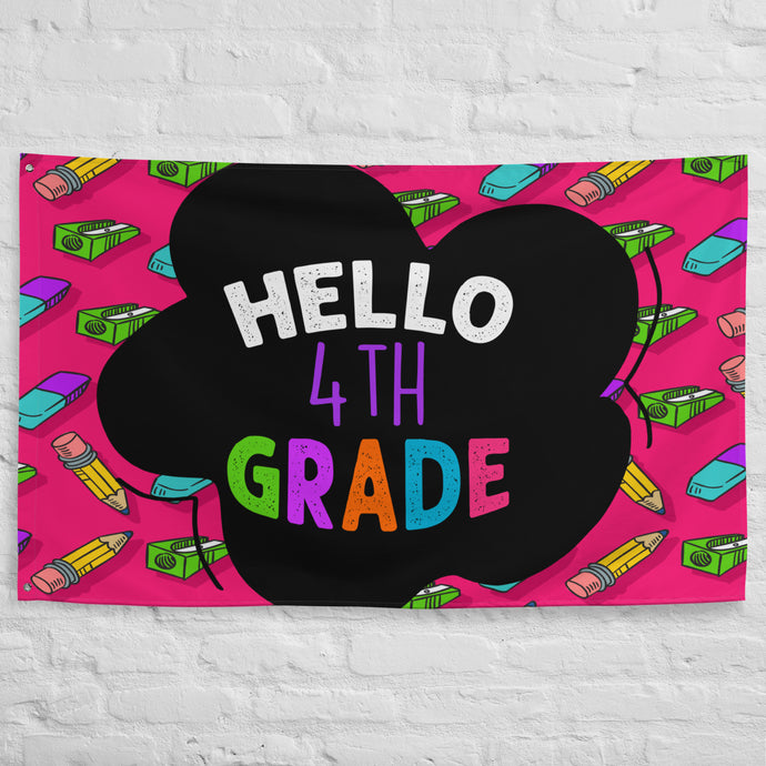 HELLO FOURTH GRADE Large Flag For Teachers Classroom | Front View  Lifestyle Photo | Shop The Wishful Fish