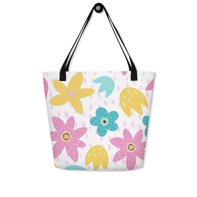 Flowers All-Over Print Large Tote Bag With Large Pocket Inside | Front View | The Wishful Fish