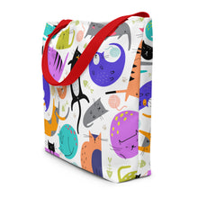Load image into Gallery viewer, Funky Cat All-Over Print Large Tote Bag With Inside Pocket | 16&quot; x 20&quot; | Side View | Red Handles | The Wishful Fish

