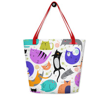 Load image into Gallery viewer, Funky Cat All-Over Print Large Tote Bag With Inside Pocket | 16&quot; x 20&quot; | Front View | Red Handles | The Wishful Fish
