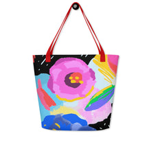 Load image into Gallery viewer, Wild Flowers All-Over Print Large Tote Bag With Inside Pocket | 16&quot; x 20&quot; | Front View | Red Handles | The Wishful Fish

