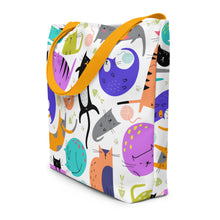Load image into Gallery viewer, Funky Cat All-Over Print Large Tote Bag With Inside Pocket | 16&quot; x 20&quot; | Side View | Yellow Handles | The Wishful Fish
