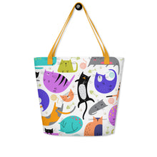 Load image into Gallery viewer, Funky Cat All-Over Print Large Tote Bag With Inside Pocket | 16&quot; x 20&quot; | Front View | Yellow Handles | The Wishful Fish
