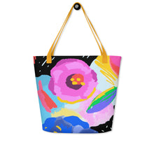 Load image into Gallery viewer, Wild Flowers All-Over Print Large Tote Bag With Inside Pocket | 16&quot; x 20&quot; | Front View | Yellow Handles | The Wishful Fish
