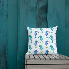 Load image into Gallery viewer, Seahorse Premium Pillows | Lifestyle Photo | Front View | 18&quot; x 18&quot; | The Wishful Fish
