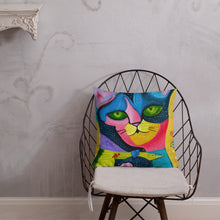 Load image into Gallery viewer, Whimsical Kat Premium Accent Pillow | 18&quot; x 18&quot; | Front View Lifestyle Photo  | The Wishful Fish
