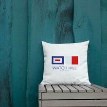 Load image into Gallery viewer, Watch Hill, Rhode Island Nautical Flag Premium Pillow | Front View  Lifestyle | 18&quot; x 18&quot; | The Wishful Fish Shop
