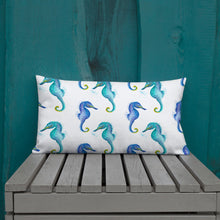 Load image into Gallery viewer, Seahorse Premium Pillows | Lifestyle Photo | Front View | 20&quot; x 12&quot; | The Wishful Fish
