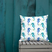 Load image into Gallery viewer, Seahorse Premium Pillow | Lifestyle Photo | Front View | 22&quot; x 22&quot; | The Wishful Fish
