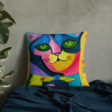 Load image into Gallery viewer, Whimsical Kat Premium Accent Pillow | 22&quot; x 22&quot; | Front View Lifestyle Photo | The Wishful Fish
