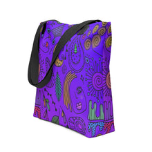 Load image into Gallery viewer, Purple Passion Tote Bag | 15&quot; x 15&quot; | Side View | Black Handles | The Wishful Fish
