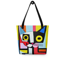 Load image into Gallery viewer, Cubism Cat Tote Bag | 15&quot; x 15&quot; | Front View | Black Handles | The Wishful Fish
