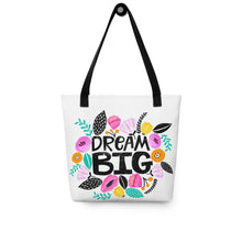 Load image into Gallery viewer, Dream Big Tote Bag | 15&quot; x 15&quot; | Black Handles | Front View | The Wishful Fish
