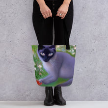 Load image into Gallery viewer, Siamese Cat Tote Bag | 15&quot; x 15&quot; | Front View Lifestyle  | The Wishful Fish
