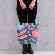 Load image into Gallery viewer, Contemporary Flowers Tote Bag | 15&quot; x 15&quot; | Front View  Lifestyle Photo | The Wishful Fish
