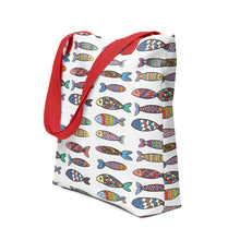 Load image into Gallery viewer, Fun Fishy Tote Bag | Front View | Red Handles | The Wishful Fish

