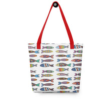 Load image into Gallery viewer, Fun Fishy Tote Bag | Front View | Red Handle | The Wishful Fish
