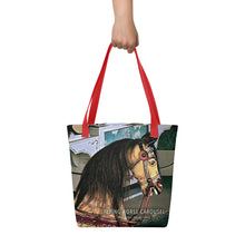 Load image into Gallery viewer, Watch Hill, Rhode Island &quot;Flying Horse Carousel&quot; Tote Bag | 15&quot; x 15&quot; | Front View Lifestyle | The Wishful Fish Shop
