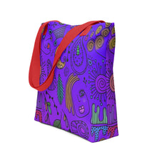 Load image into Gallery viewer, Purple Passion Tote Bag | 15&quot; x 15&quot; | Side View | Red Handles | The Wishful Fish
