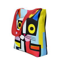 Load image into Gallery viewer, Cubism Cat Tote Bag | 15&quot; x 15&quot; | Side View | Red Handles | The Wishful Fish
