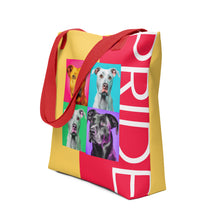 Load image into Gallery viewer, Colorful Pride Tote Bag | Red Handles | 15&quot; x 15&quot; | Side View | The Wishful Fish
