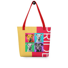 Load image into Gallery viewer, Colorful Pride Tote Bag | Red Handles | 15&quot; x 15&quot; | Front View | The Wishful Fish
