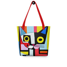 Load image into Gallery viewer, Cubism Cat Tote Bag | 15&quot; x 15&quot; | Front View | Red Handles | The Wishful Fish
