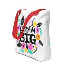 Load image into Gallery viewer, Dream Big Tote Bag | 15&quot; x 15&quot; | Red Handles | SideView | The Wishful Fish
