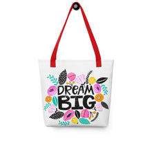 Load image into Gallery viewer, Dream Big Tote Bag | 15&quot; x 15&quot; | Red Handles | Front View | The Wishful Fish
