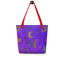 Load image into Gallery viewer, Purple Passion Tote Bag | 15&quot; x 15&quot; | Front View | Red Handles | The Wishful Fish
