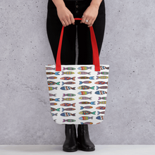 Load image into Gallery viewer, Fun Fishy Tote Bag | Front View Lifestyle | Red Handles | The Wishful Fish
