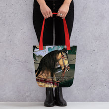 Load image into Gallery viewer, Watch Hill, Rhode Island &quot;Flying Horse Carousel&quot; Tote Bag | 15&quot; x 15&quot; | Front View Lifestyle| The Wishful Fish Shop

