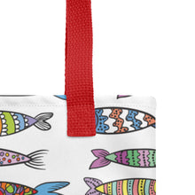 Load image into Gallery viewer, Fun Fishy Tote Bag | Close Up | Red Handles | The Wishful Fish
