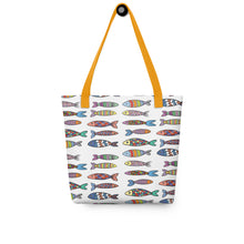 Load image into Gallery viewer, Fun Fishy Tote Bag | Front View | Yellow Handles | The Wishful Fish
