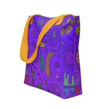 Load image into Gallery viewer, Purple Passion Tote Bag | 15&quot; x 15&quot; | Side View | Yellow Handles | The Wishful Fish
