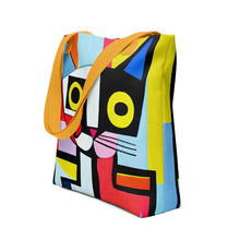 Load image into Gallery viewer, Cubism Cat Tote Bag | 15&quot; x 15&quot; | Side View | Yellow Handles | The Wishful Fish
