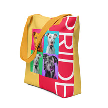 Load image into Gallery viewer, Colorful Pride Tote Bag | Yellow Handles  | 15&quot; x 15&quot; | Side View | The Wishful Fish
