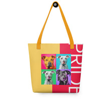 Load image into Gallery viewer, Colorful Pride Tote Bag | Yellow Handles | 15&quot; x 15&quot; | Front View | The Wishful Fish
