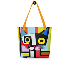 Load image into Gallery viewer, Cubism Cat Tote Bag | 15&quot; x 15&quot; | Front View | Yellow Handles The Wishful Fish
