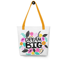Load image into Gallery viewer, Dream Big Tote Bag | 15&quot; x 15&quot; | Yellow Handles | Front View | The Wishful Fish
