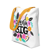 Load image into Gallery viewer, Dream Big Tote Bag | 15&quot; x 15&quot; | Yellow Handles | Side View | The Wishful Fish
