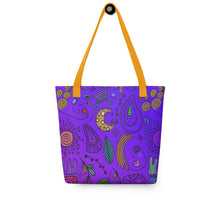 Load image into Gallery viewer, Purple Passion Tote Bag | 15&quot; x 15&quot; | Front View | Yellow Handles | The Wishful Fish
