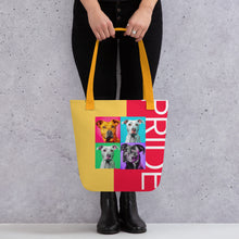 Load image into Gallery viewer, Colorful Pride Tote Bag | Yellow Handles  | 15&quot; x 15&quot; | Front View Lifestyle Photo | The Wishful Fish
