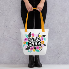 Load image into Gallery viewer, Dream Big Tote Bag | 15&quot; x 15&quot; | Yellow Handles | Front View Lifestyle Photo | The Wishful Fish
